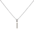 Close-up of silver stainless steel vertical bar necklace with black inlay detail - Letter I
