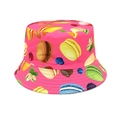 Close-up of pink sun hat featuring colorful macaron, blueberry, and cherry prints - Head Circumference 52-54cm / Rose Red