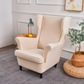 Elastic beige wingback chair slipcover made of stretch fabric for single armchairs - Season Beige