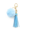 Light blue faux fur pompom and leather tassel keychain with golden metal clasp charm - Sky Blue