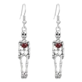 Gothic skull earrings in vintage silver with red heart accents on white background - Skeleton Body Style (DZ-874)