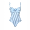 White one-piece swimsuit with blue heart print and large bow knot detail on chest - S / Blue One-piece Swimsuit