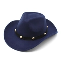 Deep blue wool felt cowboy hat with black leather band and gold stud rivets on white background - Navy Blue
