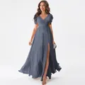 Elegant dusty blue chiffon long bridesmaid dress with flutter sleeves and a side slit - US size 2 (S) / Bottoms / Grey Blue