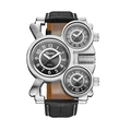 Oulm oversized men's quartz watch with silver metal case and black leather strap - Black