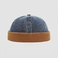 Detail of color-block kids denim docker hat with blue crown and brown canvas rolled brim - 52cm (3-6 Years) / Blue