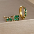 Parure de boucles d'oreilles en argent S925 avec cristaux verts et motifs feuilles - Or-Vert (Lot de 3)