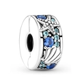 Silver bead charm with starfish and shell patterns featuring blue crystals for bracelets - 010-Stopper (Ocean Series Starfish Shell)