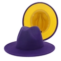 Elegant two-tone purple and yellow vintage wool fedora hat with a flat wide brim - M (56-58cm) / Purple with Yellow Inside