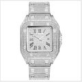 Orologio quadrato d'argento di lusso con numeri romani e pavé di diamanti completi - Argento