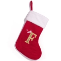 Red knit Christmas stocking with white faux fur cuff and gold glittery letter F - Letter F