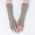 Taupe striped knit fingerless long gloves for winter warmth with vertical rib texture - Light Gray