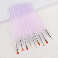 Dettaglio set 10 pennelli nail art lavanda satinato con testine varie e setole arancioni - Set da 9 pezzi / Viola Aurora (Set da 9)