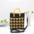 Schwarze Strick-Tote-Bag mit gelben Herzmustern und gelben Kontrast-Tragegriffen - Herz Handytasche-Dunkelgrau