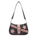 Y2K denim underarm bag with pink stars and metallic chain decoration on white background - Dark Blue