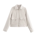 Detail showing the metal zipper and flap pockets on the off-white tweed jacket - S / White