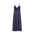 Elegant navy blue satin midi slip dress with V-neck twist detail and silky texture - S / Dark Blue