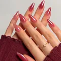 Deep red pearl cat-eye effect almond press-on nails set with 24 pieces for women - Bz1588 Is Round And Smooth. / Glue Type