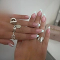 Short almond press-on nails in nude with mint green French tips, 24 pieces set - Bz1507 Beautiful Mountains And Rivers / Glue Type