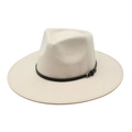 Classic beige wide brim wool fedora hat with black leather belt buckle for men and women - M (56-58cm) / Beige
