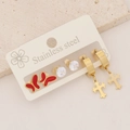 Stainless steel earring set with red butterfly, zircon studs, and gold cross pendants - Red Butterfly White Zirconia Gold Cross Set (7#)