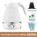 Portable 600ml white collapsible electric kettle set with foldable cups and storage bag - Knob Style - 6-piece Set (white) / European Standard Plug (in Stock) 220v