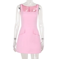 Detail of pink square neck mini dress featuring decorative pocket flaps and slim fit cut - S / Pink