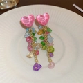 Blue flower beaded tassel earrings with colorful stones on a white ceramic plate - 1# Silver Earring Post - Colorful - Heart
