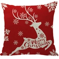 Red Christmas linen pillowcase with white reindeer silhouette and Merry Christmas text - A10