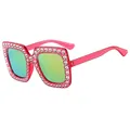 Sparkly pink square sunglasses with white rhinestones and yellow-green gradient lenses - Rose Red Frame Pink Mirror Lens