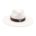White felt fedora cowboy hat with black leather band and silver bull head ornament - White