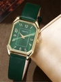 Women's quartz watch with green leather strap and gold rectangular dial - Green Single Watch