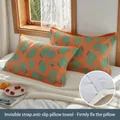 Set of 2 orange cotton gauze pillow towels with green lemon print and elastic straps - Green Fresh Lemon