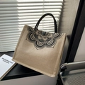 Linen tote bag with black mandala print, hemp fabric handle and button closure - Mandala Print / Black