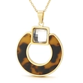 Golden geometric necklace with square clear crystal and round tortoiseshell pendant - Gold Square Crystal Tortoise Shell Round Pendant (Pendant Only)(KP43358-K)