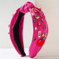 Cerchietto largo annodato rosa con ciondoli a mela e matita e cristalli colorati - Rosa Rosso