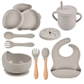 Beige 9-piece silicone baby feeding set with suction plate, bowl, bib, and snack cup - Full Tableware Set (Beige/Y20)
