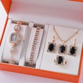Damen Schmuck Uhren Set in Roségold mit schwarzen quadratischen Steinen und Strass - Roségold Schwarzes Rechteck Set (Ohne Box)