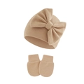 Detail of soft ribbed knit baby hat and mittens set with large decorative bow in beige - Khaki