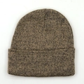 Detailed top-down view of brown and black mixed knit texture on a cuffed beanie hat - One Size / Dark Gold