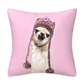 Pink decorative pillow case featuring a cute cartoon alpaca with a colorful knitted hat - 12 Alpaca with Hat