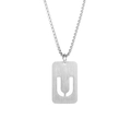 Detail shot of silver titanium steel necklace featuring a hollowed-out letter U pendant - Letter U