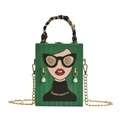 Green box evening bag with fashion portrait, silk scarf handle and gold chain - Green