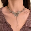 Gothic layered necklace with silver butterfly pendant and grey faceted beads - Butterfly Ice Crystal Pendant Necklace