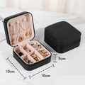 Portable black leather jewelry organizer box for rings and necklaces, 10x10x5cm size - Black Zipper Jewelry Box