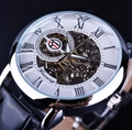 Forsining men's skeleton mechanical watch with silver case and black leather strap - Black Strap White Dial Silver Accents