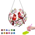 DIY Cardinal bird diamond painting kit with pink flowers and acrylic hanging chain - Cardinal Bird