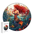 Round wooden puzzle featuring fantasy red-haired mermaid artwork with white packaging box - F02 Mermaid - Size S