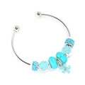 Blue ocean style glass beads and daisy flower charms on silver beaded open bangle - Daisy Flower Style / Lake Blue