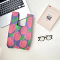 Knitted tote bag with pink tulip pattern on purple fabric and dual handle design - Purple Pink Tulip